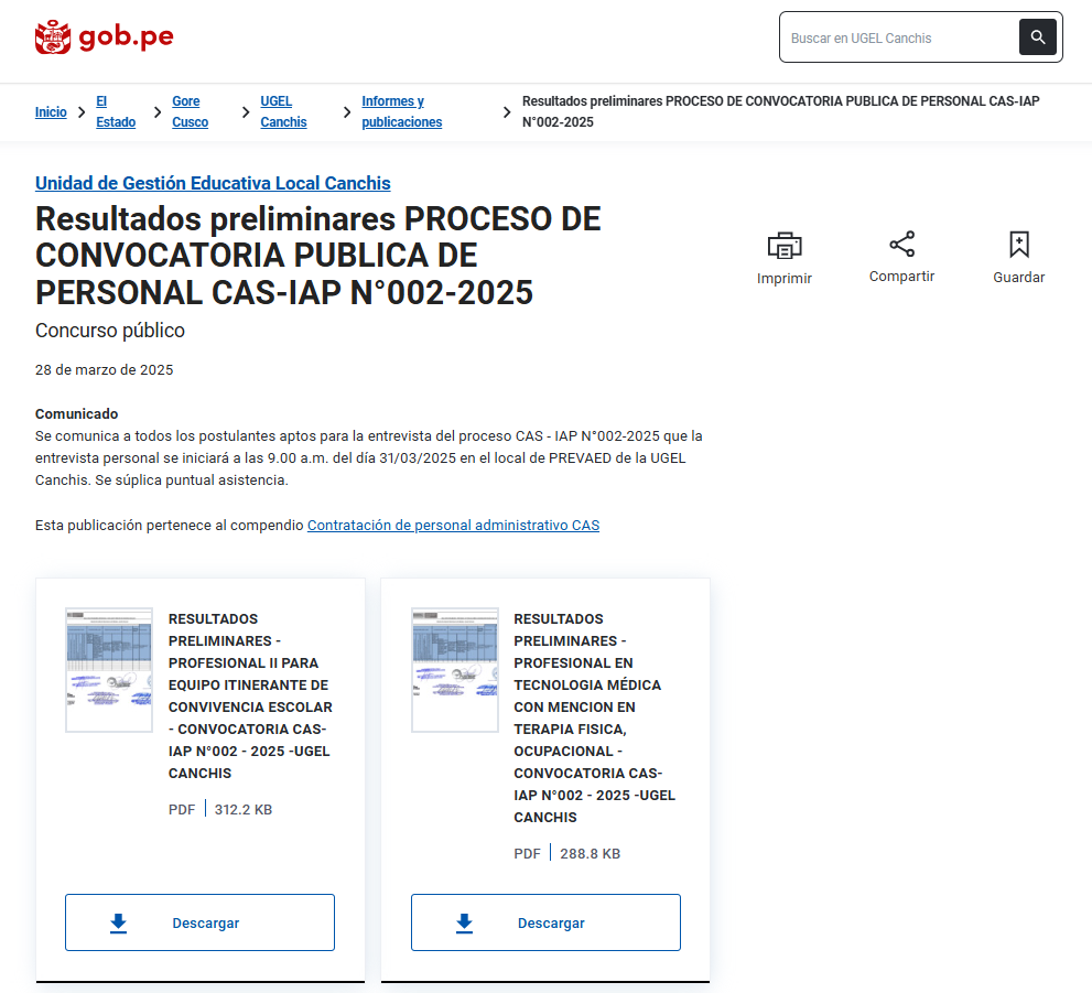 Resultados preliminares PROCESO DE CONVOCATORIA PUBLICA DE PERSONAL CAS-IAP N°002-2025